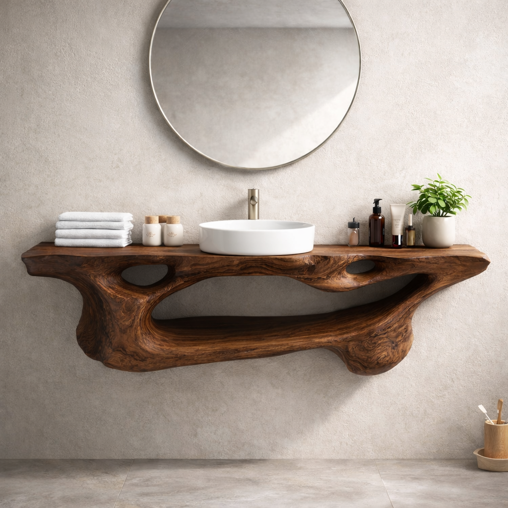 Solid Wood Floating Bathroom Vanity with Sculptural Live Edge – Modern Organic Wall Mounted Cabinet