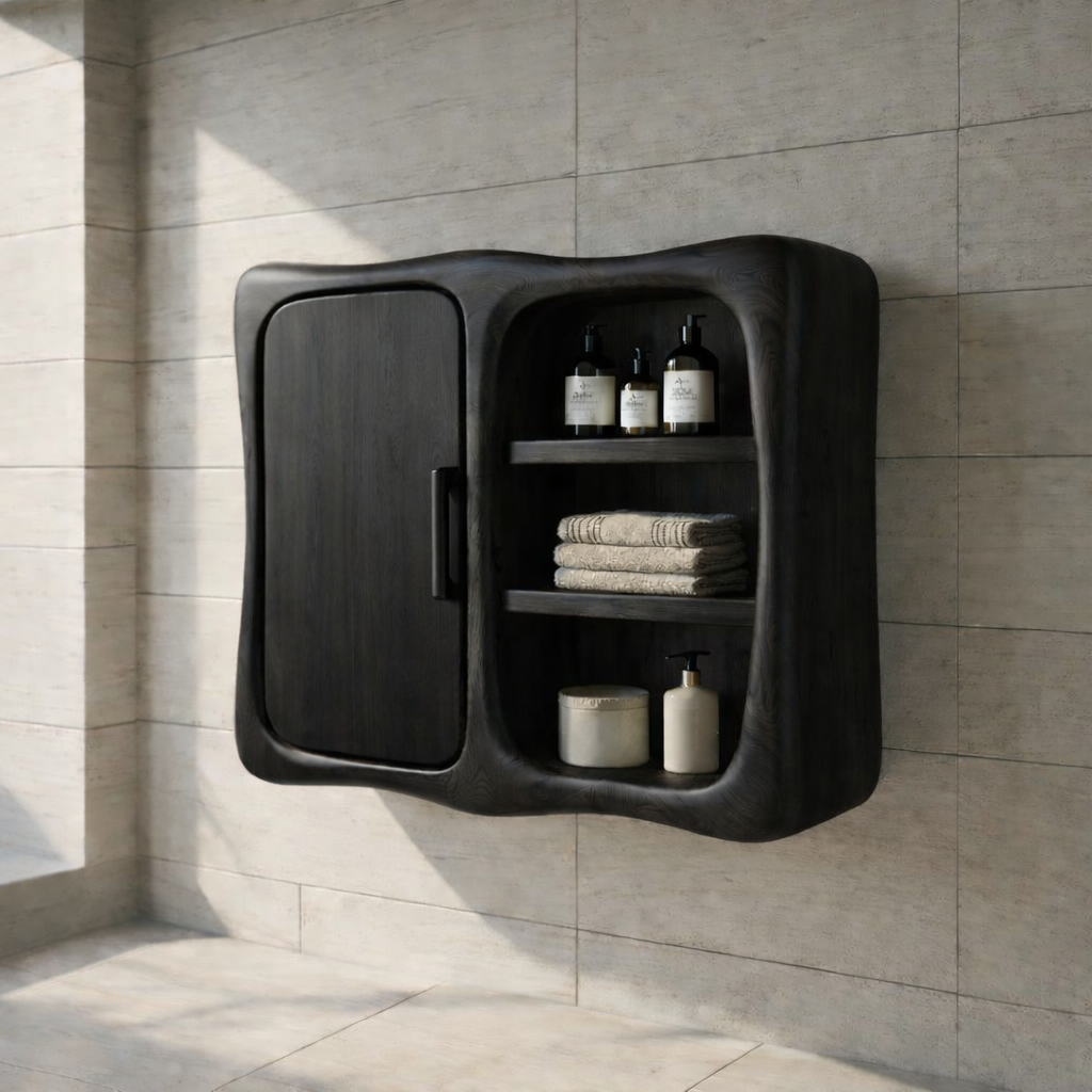 Solid Wood Wall Mounted Bathroom Cabinet – Curved Storage Cabinet with Open Shelf