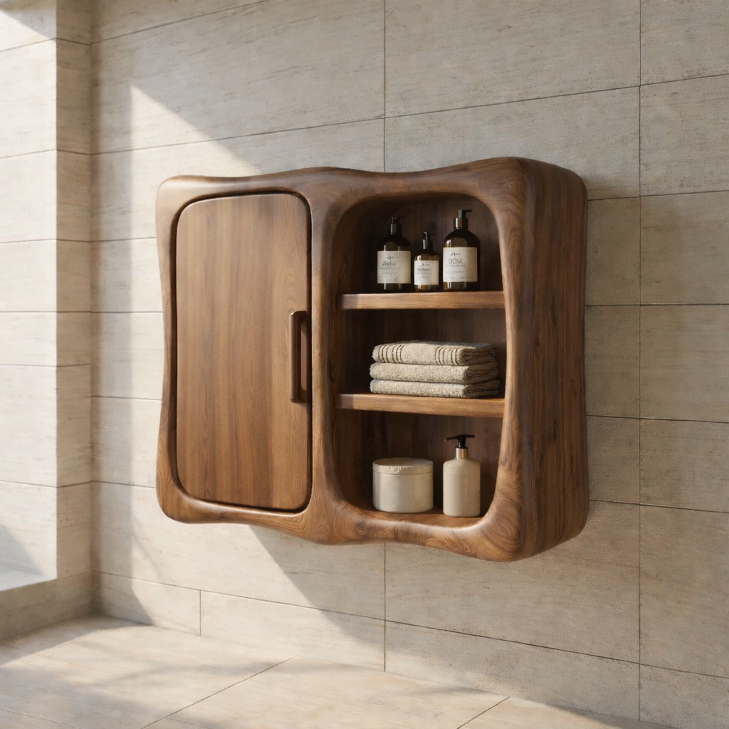 Solid Wood Wall Mounted Bathroom Cabinet – Curved Storage Cabinet with Open Shelf