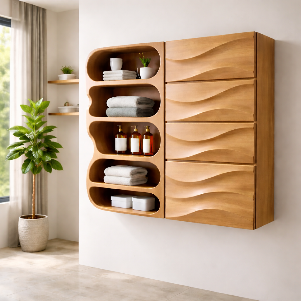 Solid Wood Floating Bathroom Cabinet with Wave Drawers & Open Shelves