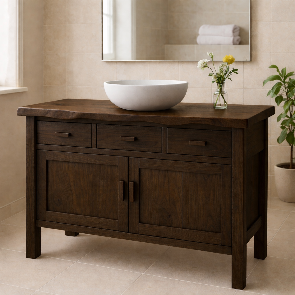 Solid Wood Bathroom Vanity with 3 Drawers and Double Door Cabinet