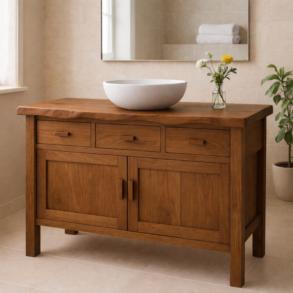 Solid Wood Bathroom Vanity with 3 Drawers and Double Door Cabinet