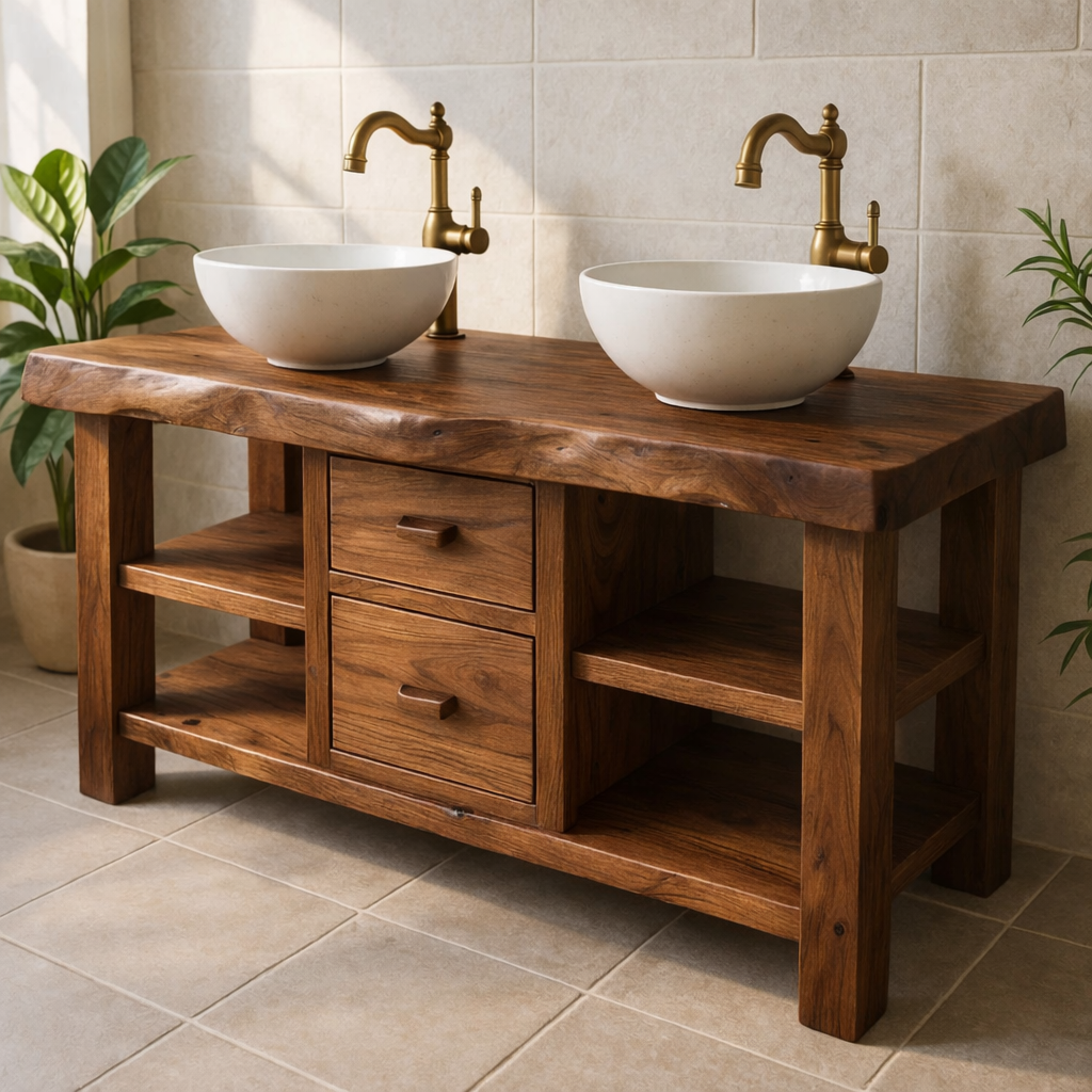 Solid Wood Double Bathroom Vanity with Open Shelving and Center Drawers