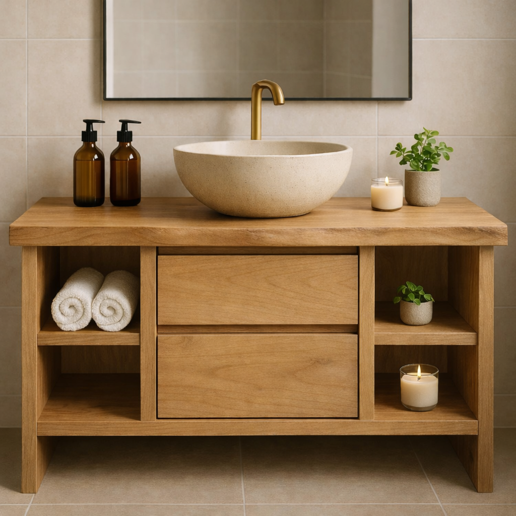 Solid Wood Bathroom Vanity with Open Shelving and Double Drawers