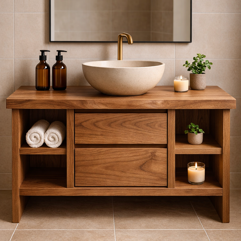 Solid Wood Bathroom Vanity with Open Shelving and Double Drawers