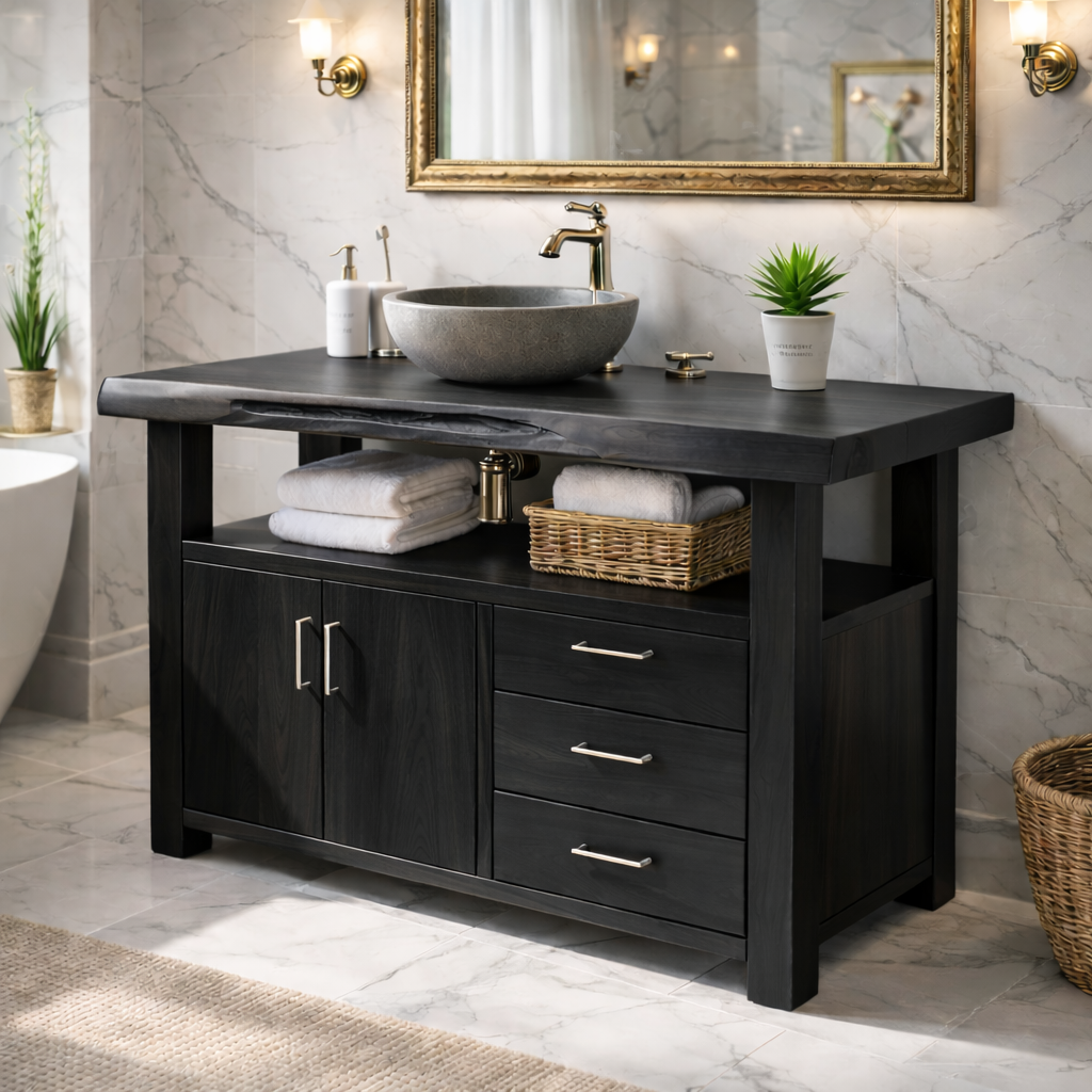 Live Edge Solid Wood Bathroom Vanity with Double Cabinet Doors, Three Drawers and Open Shelf