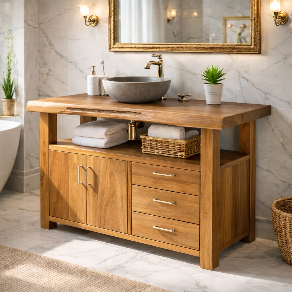 Live Edge Solid Wood Bathroom Vanity with Double Cabinet Doors, Three Drawers and Open Shelf