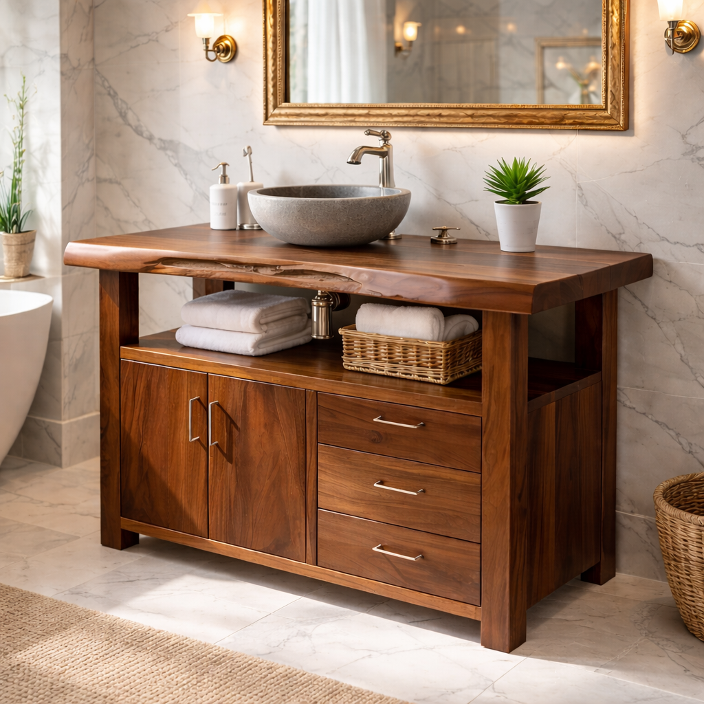 Live Edge Solid Wood Bathroom Vanity with Double Cabinet Doors, Three Drawers and Open Shelf