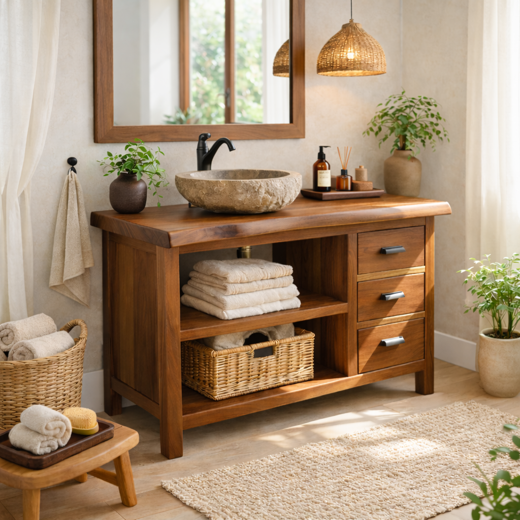 Solid Wood Bathroom Vanity with Three Drawers and Double Open Shelves for Modern Rustic Bathrooms