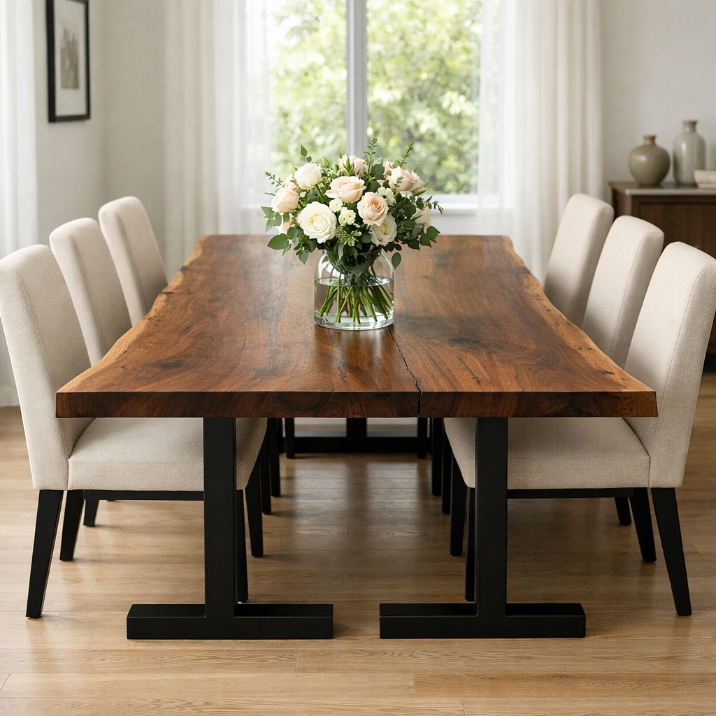Solid Wood Dining Table with Black Metal Legs Modern Industrial Style