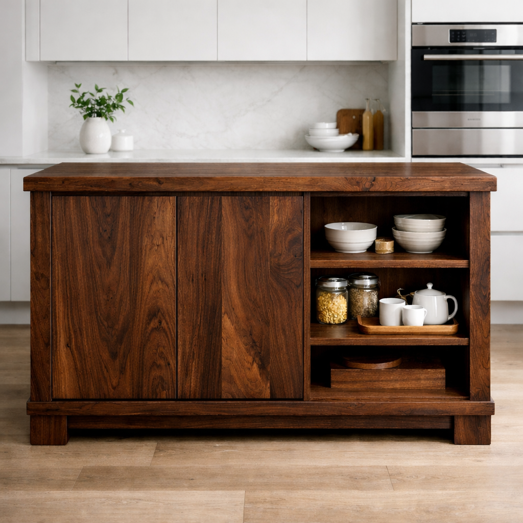 Solid Wood Kitchen Island with Doors & Open Shelf Storage