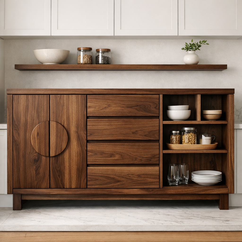 Solid Oak Kitchen Island with Round Handle Doors & Open Shelf Storage