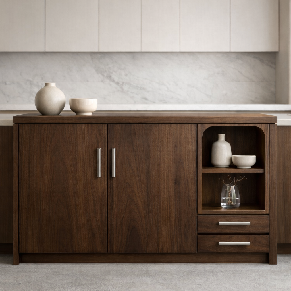 Solid Walnut Kitchen Island with Double Doors, Open Shelf & Drawer Storage