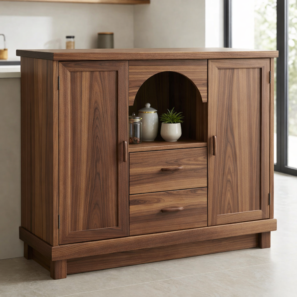 Solid Walnut Kitchen Island with Doors, Drawers & Arched Shelf