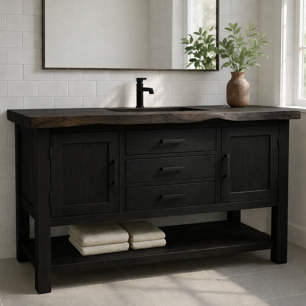 Solid Wood Bathroom Vanity with 3 Drawers, Double Door Cabinet, and Open Bottom Shelf