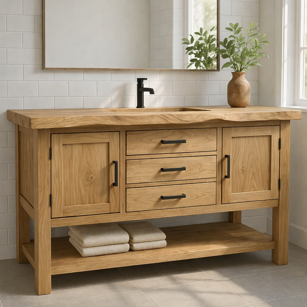 Solid Wood Bathroom Vanity with 3 Drawers, Double Door Cabinet, and Open Bottom Shelf
