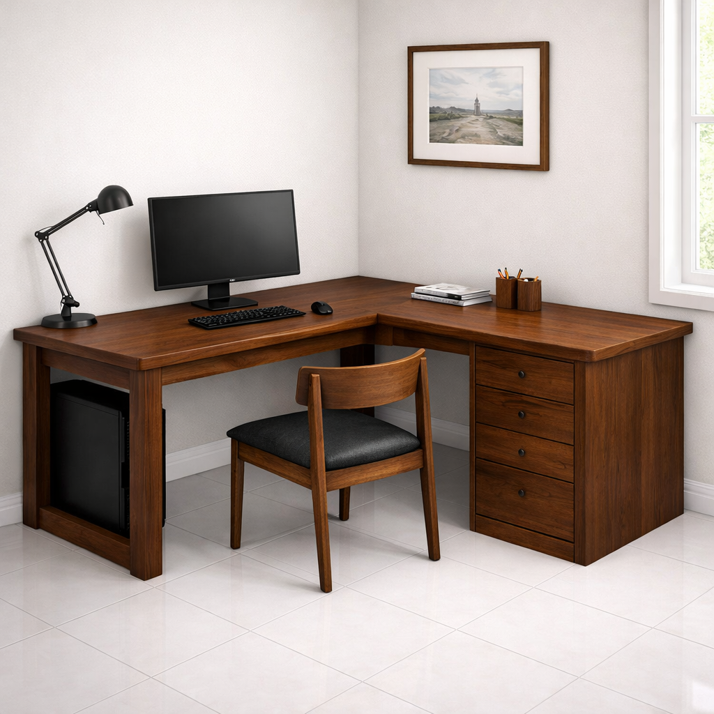 L-Shaped Solid Wood Executive Corner Desk with Storage Drawers