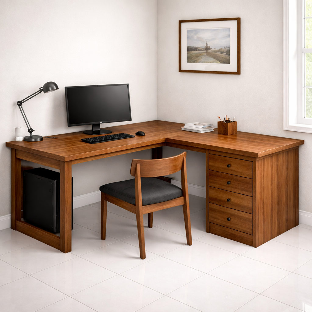 L-Shaped Solid Wood Executive Corner Desk with Storage Drawers