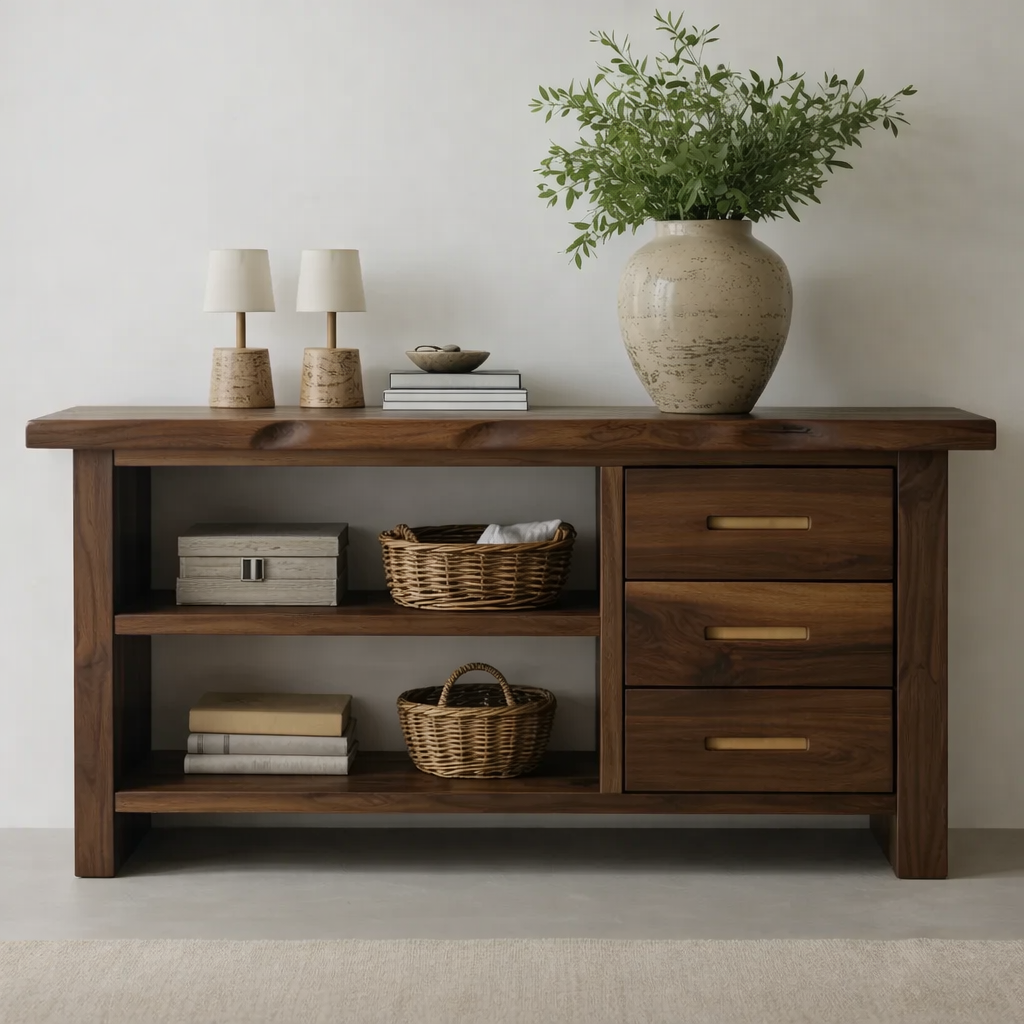 Solid Wood Console Table for Living Room with Open Shelves and Drawers