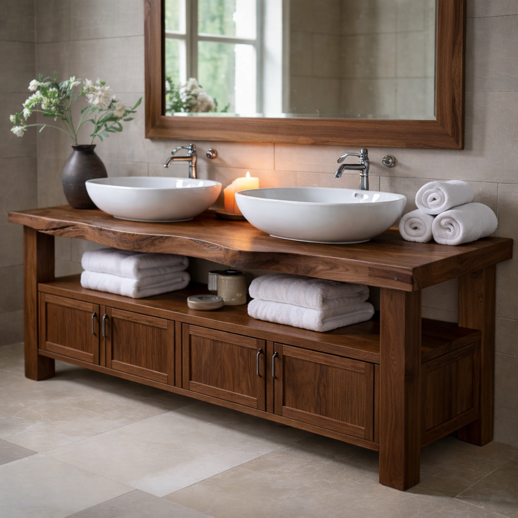 Solid Wood Bathroom Vanity with Storage Cabinet and Open Shelf