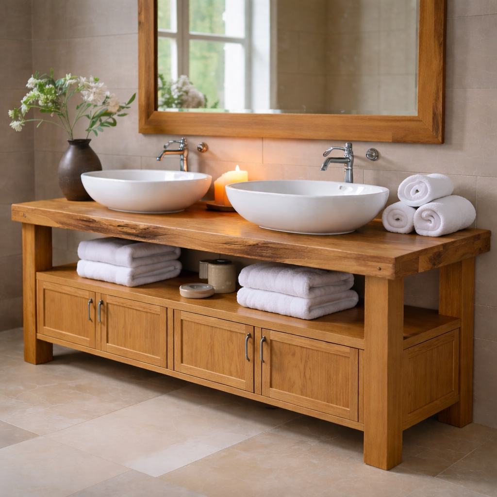 Solid Wood Bathroom Vanity with Storage Cabinet and Open Shelf