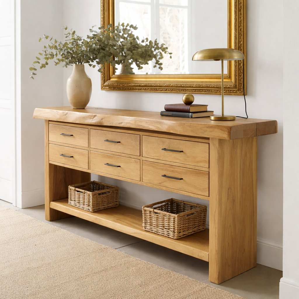 Solid Wood Console Table with Live Edge Top and 6 Drawers