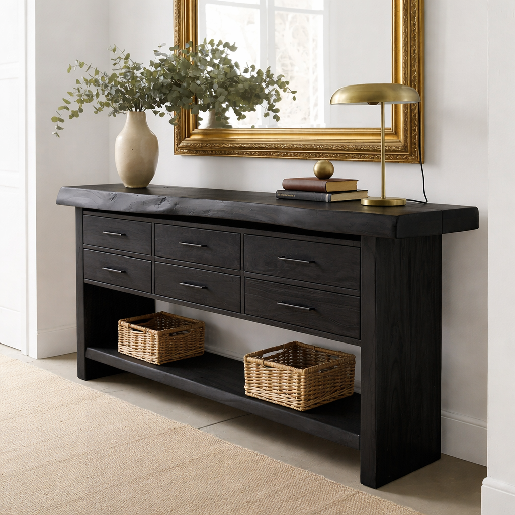 Solid Wood Console Table with Live Edge Top and 6 Drawers