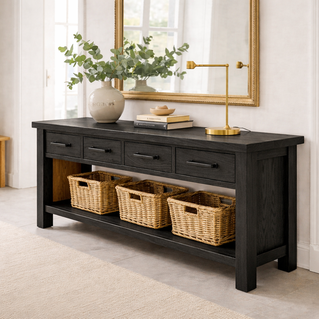 Solid Wood Console Table for Entryway with 4 Drawers and Open Shelf