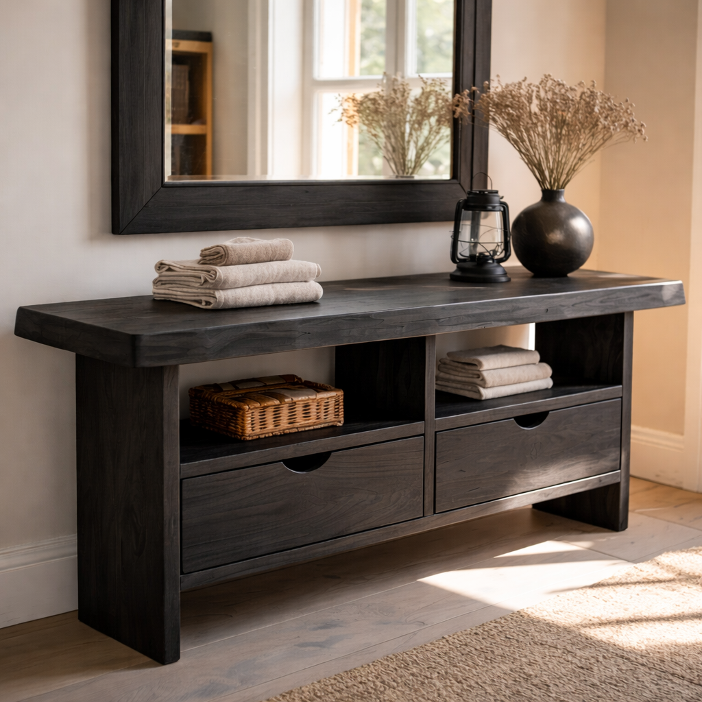 Solid Wood Console Table with Live Edge Top and Drawers for Storage