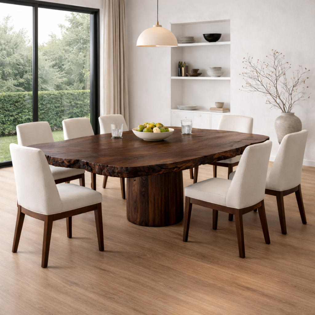 Handcrafted Solid Wood Round Dining Table with Live Edge Top and Pedestal Base