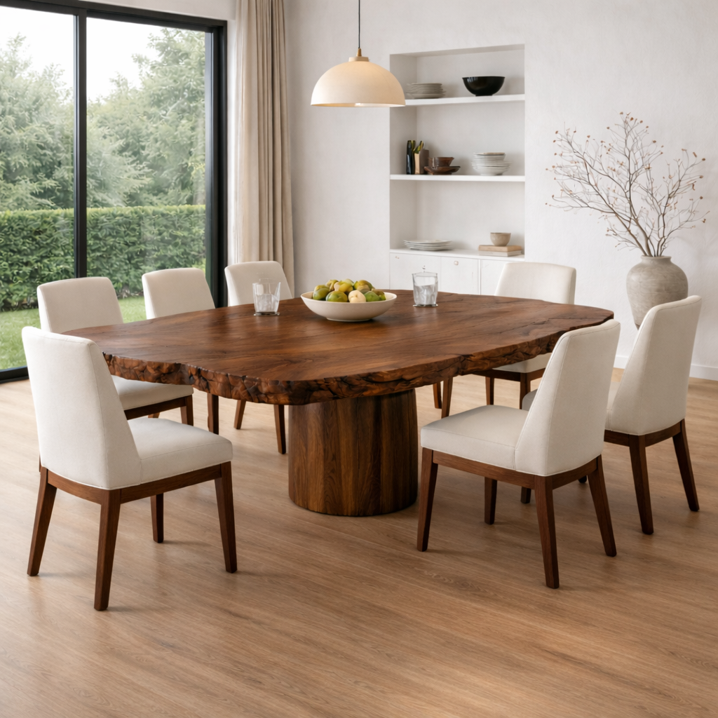 Handcrafted Solid Wood Round Dining Table with Live Edge Top and Pedestal Base
