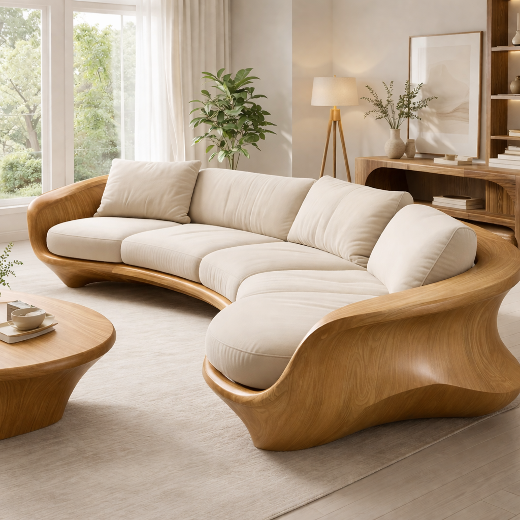 Curved Solid Wood Sofa with Sculptural Frame – Luxury Modern Organic Design