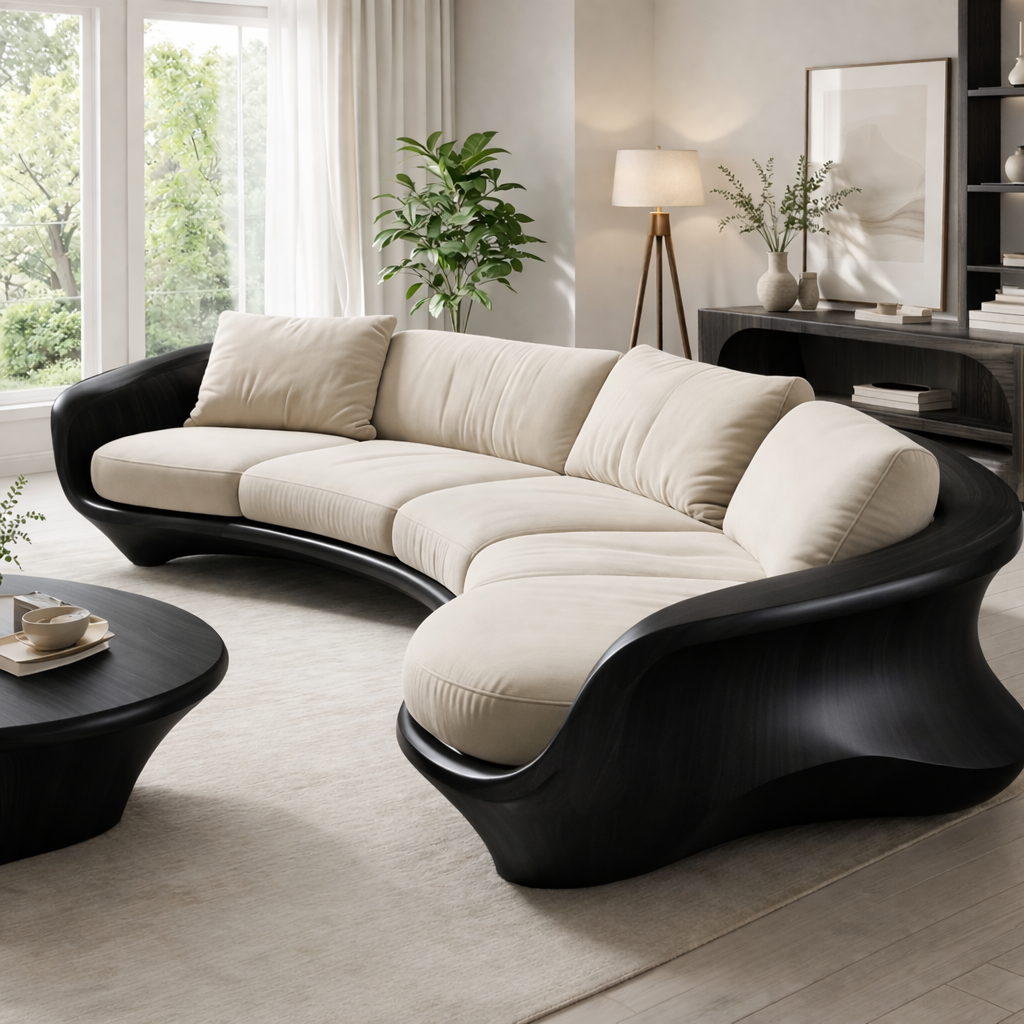 Curved Solid Wood Sofa with Sculptural Frame – Luxury Modern Organic Design