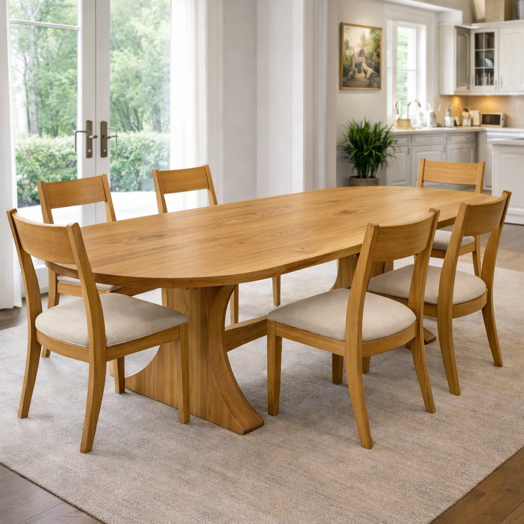 Solid Wood Oval Dining Table with Curved Pedestal Base – Elegant Modern Design