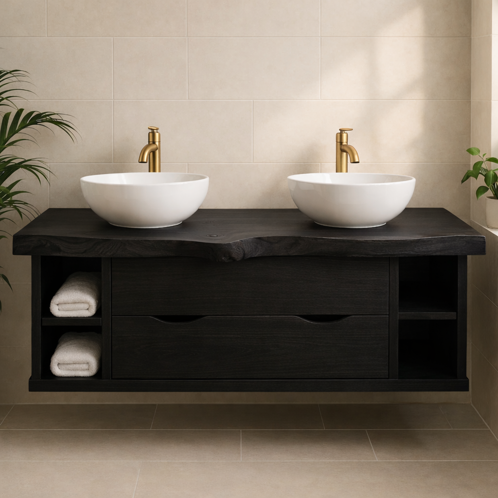 Rustic Double Sink Solid Wood Floating Bathroom Vanity with Live Edge Countertop