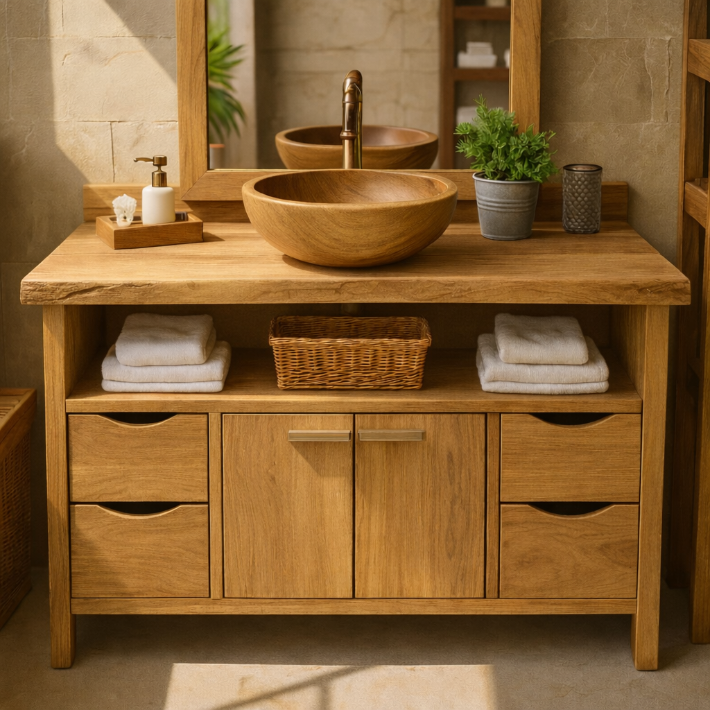 Rustic Solid Wood Bathroom Vanity Cabinet with Multi-Drawer Storage and Open Shelf