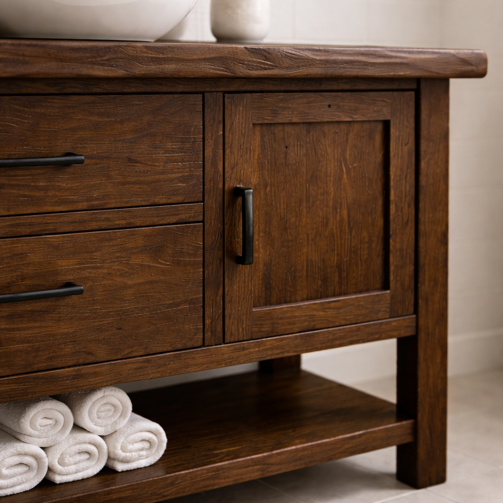 Solid Wood Bathroom Vanity with 2 Drawers, Cabinet Door & Open Shelf