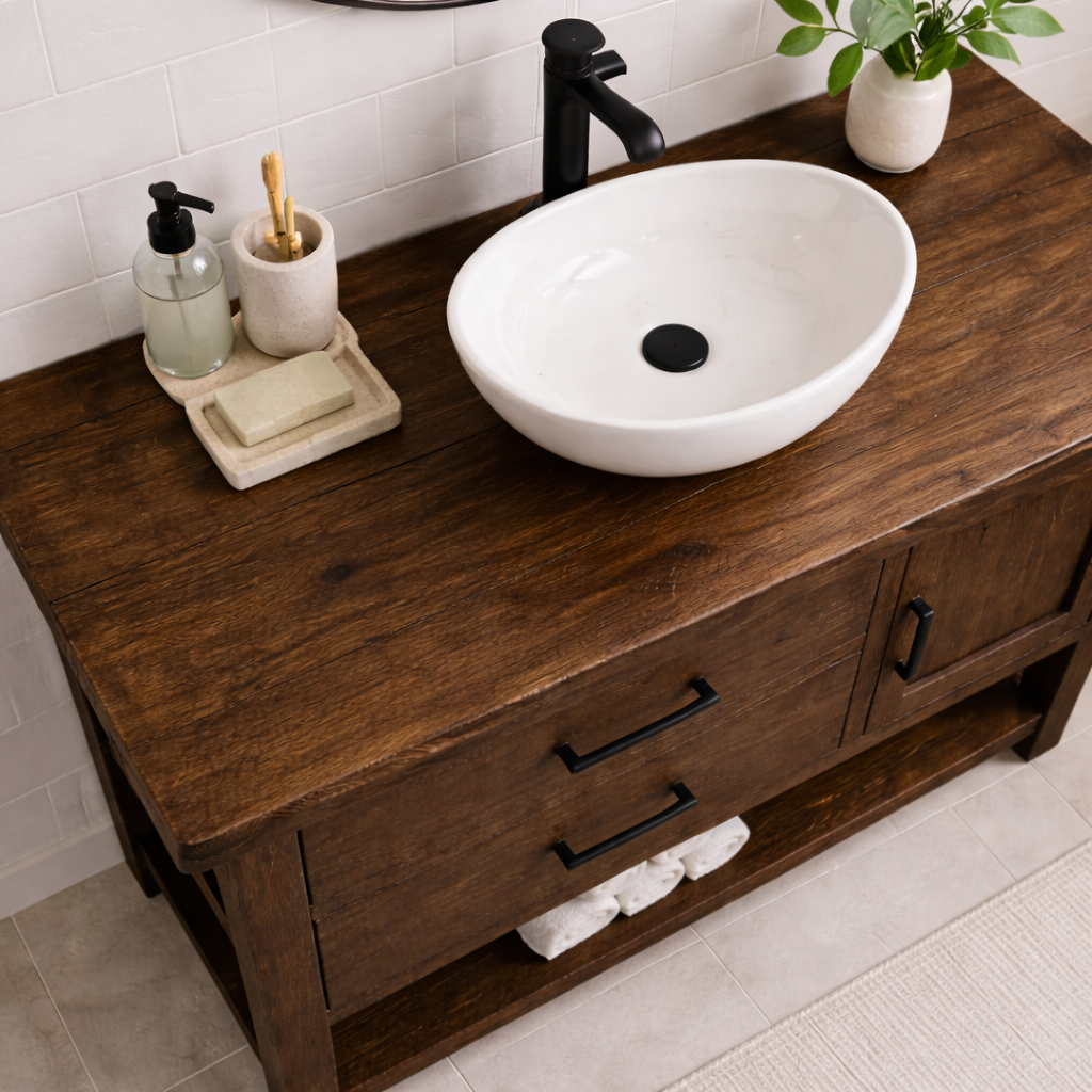 Solid Wood Bathroom Vanity with 2 Drawers, Cabinet Door & Open Shelf