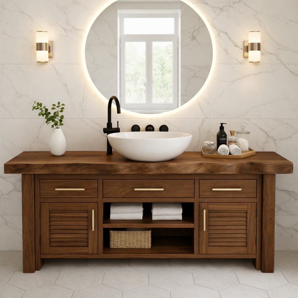 Solid Wood Bathroom Vanity for Modern Spaces with Louvered Doors and Open Shelf