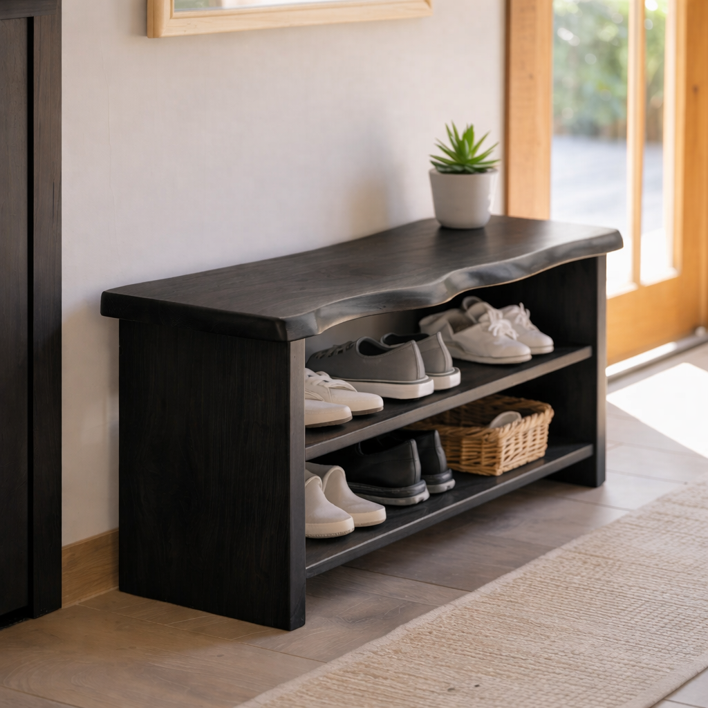 Solid Wood Live Edge Shoe Storage Bench with Open Shelves – Entryway Shoe Organizer Bench