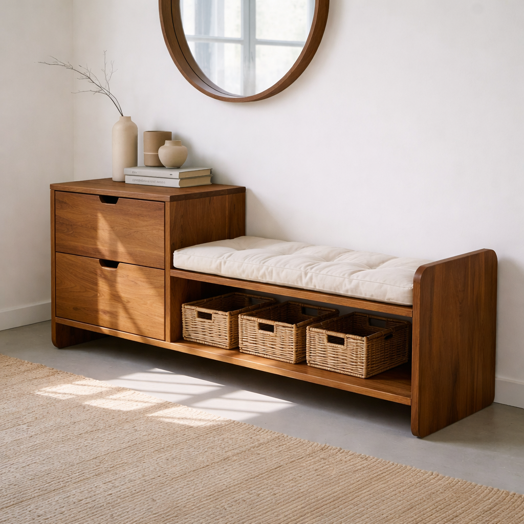 Solid Wood Entryway Storage Bench with Drawers, Cushion Seat & Basket Shelf – Shoe Storage Bench