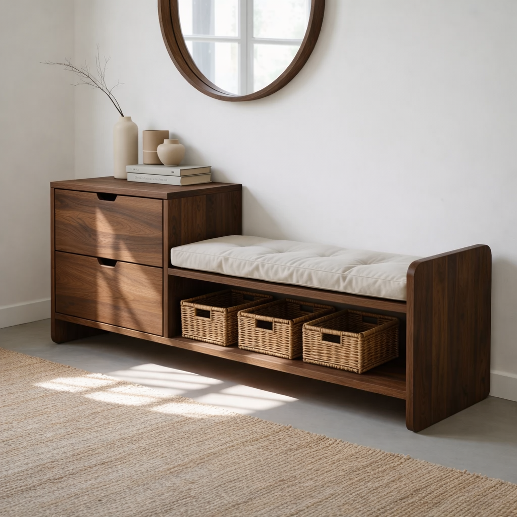 Solid Wood Entryway Storage Bench with Drawers, Cushion Seat & Basket Shelf – Shoe Storage Bench