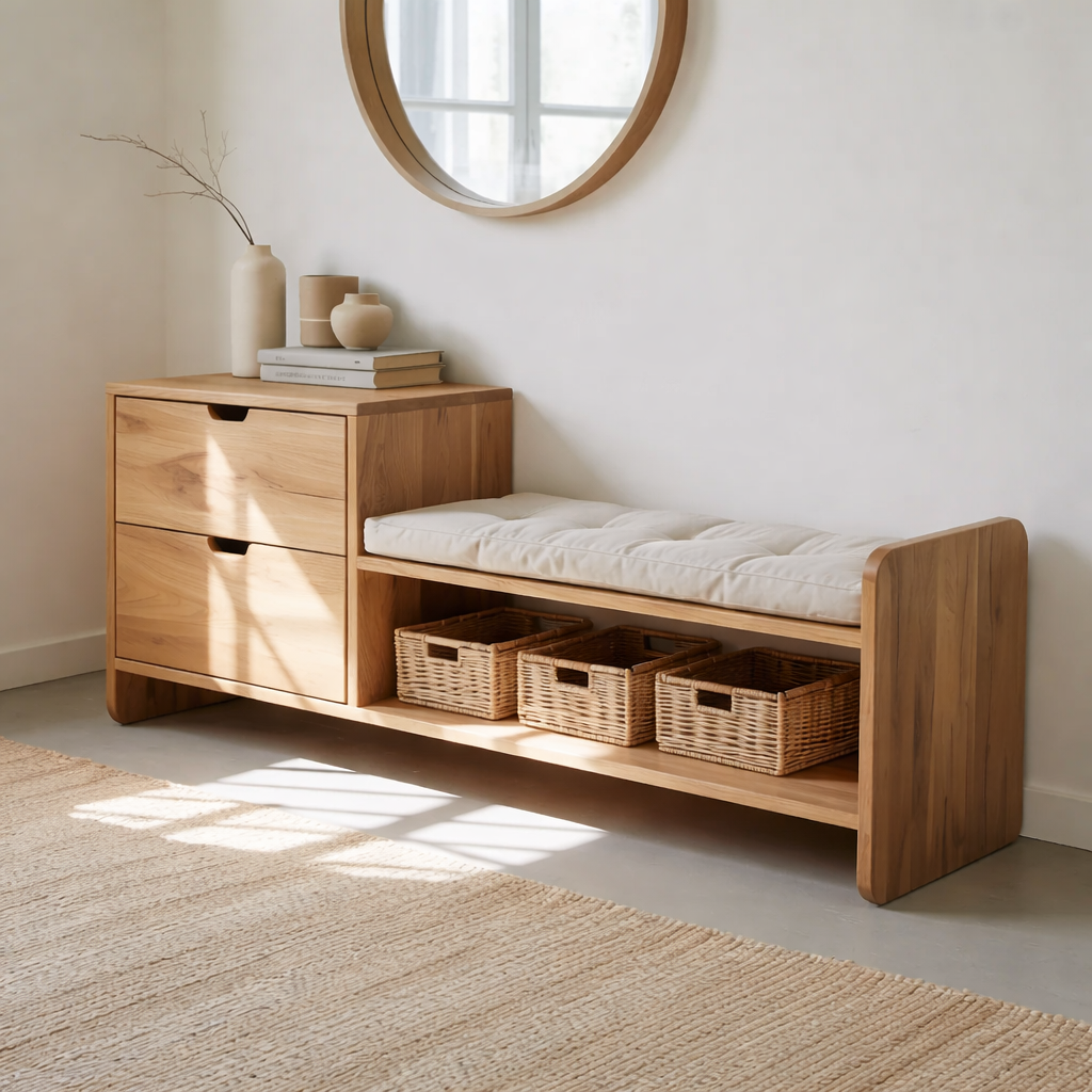 Solid Wood Entryway Storage Bench with Drawers, Cushion Seat & Basket Shelf – Shoe Storage Bench