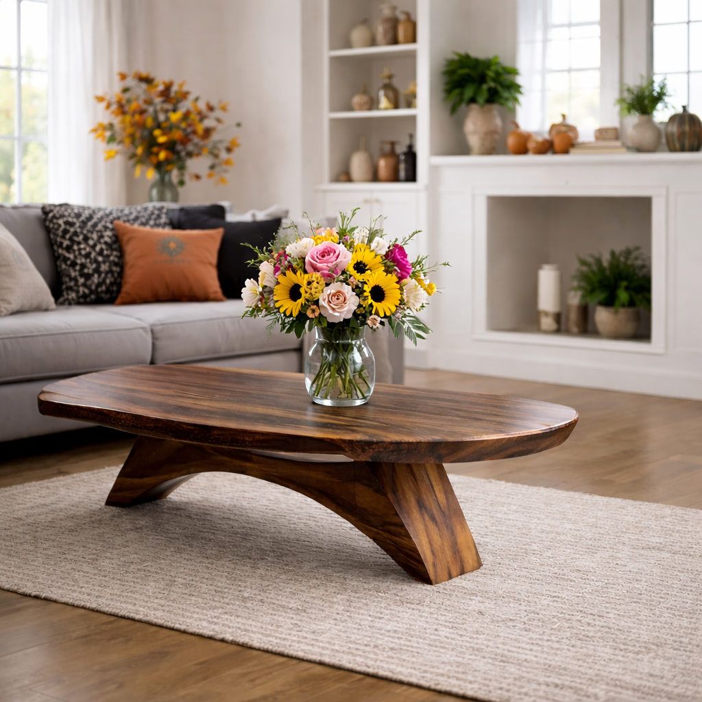 Solid Wood Coffee Table with Sculptural Base and Organic Live Edge Design