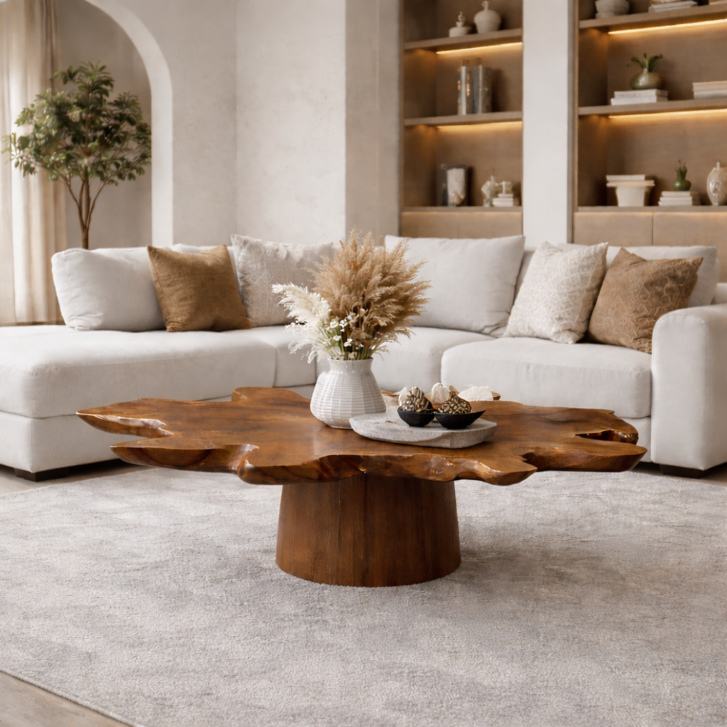 Solid Wood Live Edge Coffee Table with Thick Slab Top & Pedestal Base