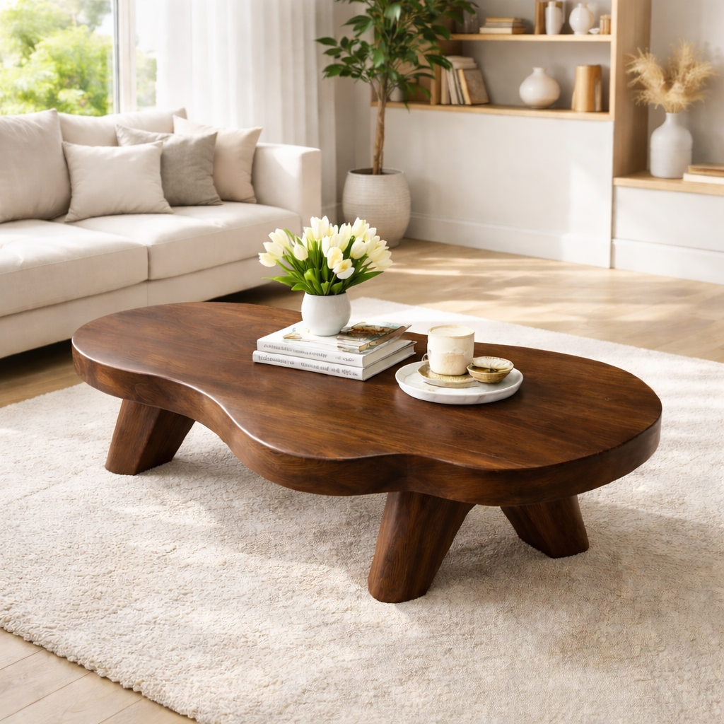 Organic Solid Wood Coffee Table with Sculpted Base and Smooth Curved Top