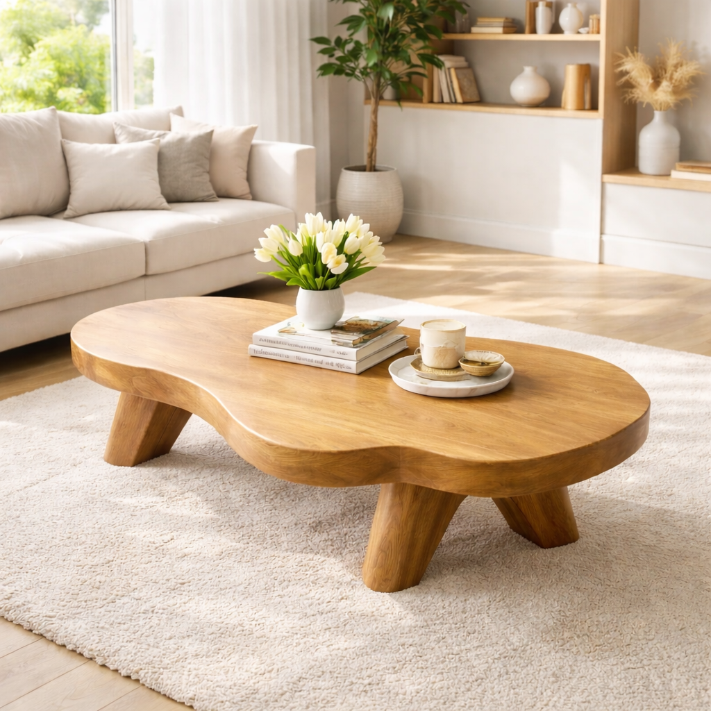 Organic Solid Wood Coffee Table with Sculpted Base and Smooth Curved Top