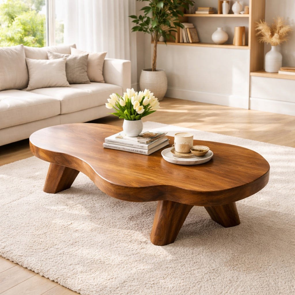 Organic Solid Wood Coffee Table with Sculpted Base and Smooth Curved Top