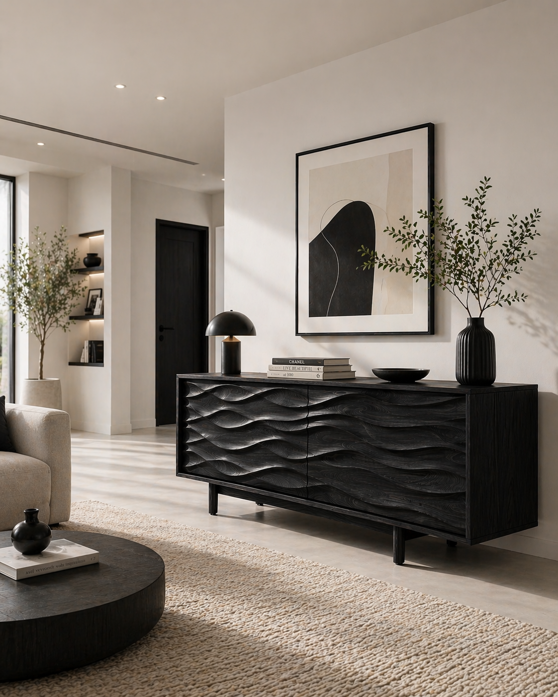 Solid Wood TV Stand with Sculpted Wave Carved Doors in Rich Walnut Finish