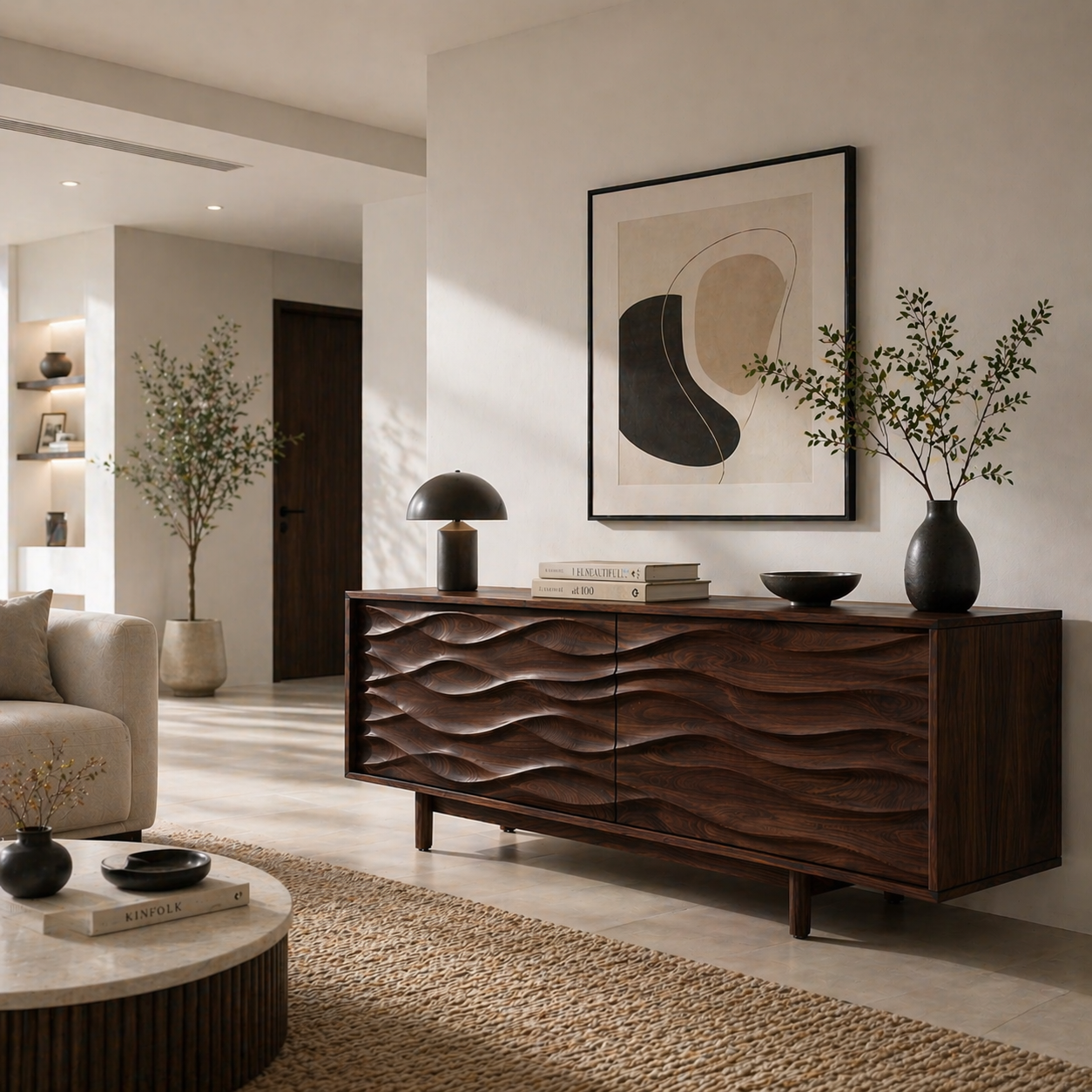 Solid Wood TV Stand with Sculpted Wave Carved Doors in Rich Walnut Finish